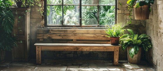 Sticker - Wooden bench in front of window with plants