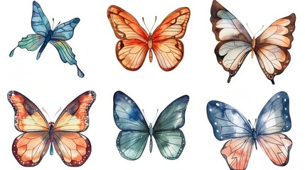 Wall Mural - Colorful tropical butterflies isolated on transparent background, watercolor clipart