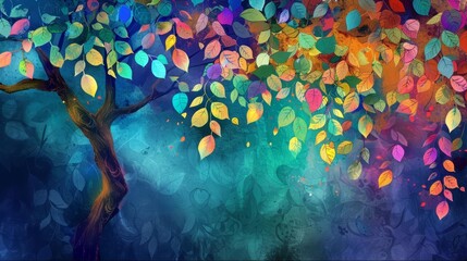 Wall Mural - Colorful tree illustration with vibrant multicolored leaves on hanging branches, creating an enchanting abstract wallpaper background, digital art