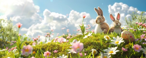 sunny hilltop picnic with bunnies enjoying a lazy afternoon around eggs basking in the sunlight