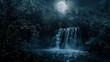 The darkness of the night is pierced by the ethereal radiance of a moonlit waterfall creating a serene and mystical atmosphere. . .