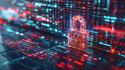 Digital security concept, padlock on laptop screen with binary code background, 3D illustration