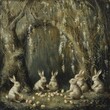 Under the weeping willow bunnies arranging eggs in a circle