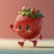 A personified strawberry walking with a smile on its face. It wears a strawberry-shaped decoration on its head.