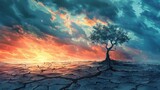 Dying Earth, barren landscape with cracked soil and withered tree, global warming and climate change concept, digital illustration