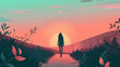 A girl walks along the path in Sunset and teal colors, flat design illustration with pastel color palette
