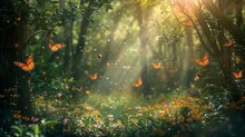 Enchanted Forest With Butterflies, Flowers, And Fairy Tale Atmosphere, Fantasy Scene