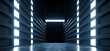 Futuristic Modern Sci Fi Concrete Hallway Corridor Tunnel Warehouse Underground Garage Grunge Dark Empty Reflection Showcase Stage White Blue Glow Spaceship 3D Rendering