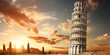 Leaning Tower of Pisa building picture in Italy historical sites architectural wonders sunset sky background
