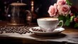Aromatic coffee cup on wooden table frothy elegance in still life 