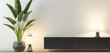 A modern TV cabinet with sleek design and matte black finish, showcasing a tall leafy plant in a stylish pot and a minimalist lamp, against a white wall background