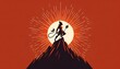 Illustration of the hanuman silhouette in a powerful stance on top of a mountain.