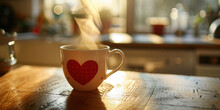 Romantic Cozy Morning In Kitchen, Motivation To Wake Up In The Morning. Valentines Day Share Love Concept. Mug Cup Of Steaming Coffee Tea Beverage Drink With Heart Print On It