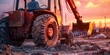 Backhoe loader at rest, close-up on the bucket, twilight, readiness for tomorrow's labor