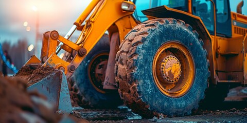 Wall Mural - Backhoe loader at rest, close-up on the bucket, twilight, readiness for tomorrow's labor