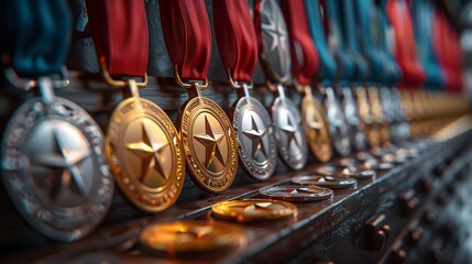 The prestigious array of military medals, each a testament to bravery and service in Americas armed forces 3D render, high resolution, clean sharp focus