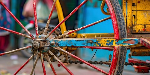 Hand-operated bicycle rickshaw, close-up on the wheel mechanism, vibrant street life background, enduring human power 