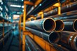 Warehouse scene with high-quality steel pipes. Precision and organization of the steel industry's logistical processes, showcasing stacks of pipes awaiting shipment.