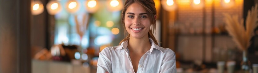 Wall Mural - A woman is smiling and posing for a picture in a restaurant