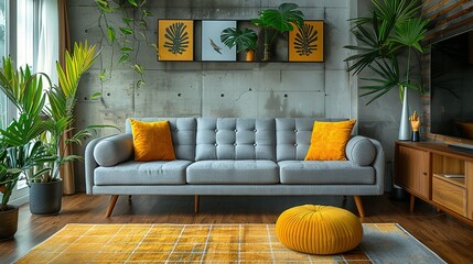 Wall Mural - Loft interior design of modern living room, home. Tufted grey sofa with yellow pillows and plaid near tv unit and vibrant yellow pouf in room with concrete wall