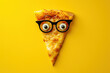 Funny pizza slice with googly eyes on a vibrant yellow background next to a blank piece of paper