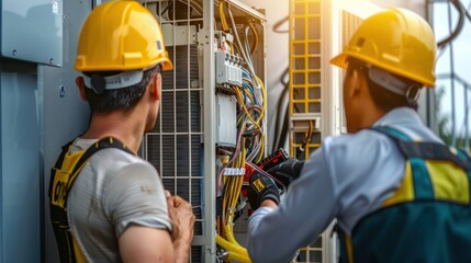 Two industrial air conditioning technicians are connecting wires, servicing the air conditioner.