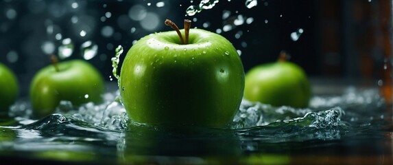 green apple, sinking in water tank, product advertising drip, closeup photograph