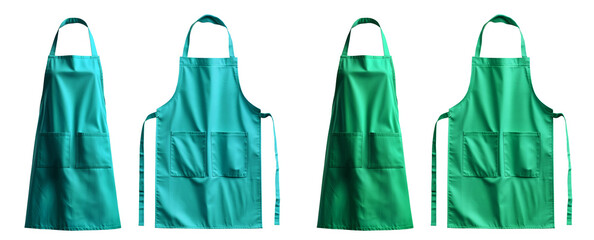 Wall Mural - 2 Set of turquoise blue green blank apron restaurant cafe kitchen cook chef uniform, front and flay lay on transparent cutout, PNG file. Mockup template for artwork graphic design