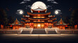 A chinese style building with a full moon in the dark background
