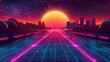 sunset over the city with the grid. synthwave styled landscape. futuristic background.