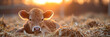 deer in the meadow,
A calf lying on the straw farm with the gentle rays of the sun streaming in