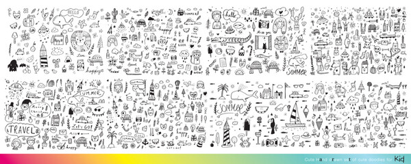 Wall Mural - Collection of hand drawn cute doodles,Doodle children drawing,Sketch set of drawings in child style,Funny Doodle Hand Drawn,Page for coloring, cute animal