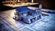 A 3D model of a house on top of a blueprint