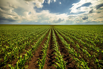 Wall Mural - Expansive view of a green corn field stretching into the horizon under a dramatic cloudy sky