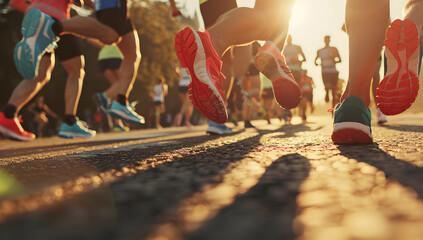 Wall Mural - Runners and joggers compete in a marathon race while running