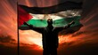 Happy man holding Palestine flag in the sunset sky freedom and patriotism concept
