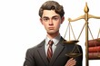 © Adobe Contributor - Young male lawyer in suit standing with arms crossed in front of scales of justice and law books