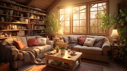 Wall Mural - Cozy living room interior with bookshelves, sofas, coffee table, and large windows