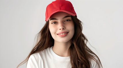 Wall Mural - Smiling Young Woman in a Red Baseball Cap against a Grey Background. Casual Clothing. Positive Vibes. Perfect for Lifestyle and Apparel Marketing. AI