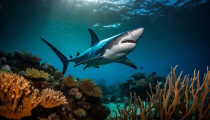 A hammerhead shark swimming over a coral reef in the blue sea