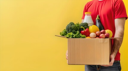 Wall Mural - Man in Red Shirt Holding a Cardboard Box Full of Fresh Grocery. Healthy Food Delivery Concept. Easy Online Shopping. Lifestyle Choices. AI