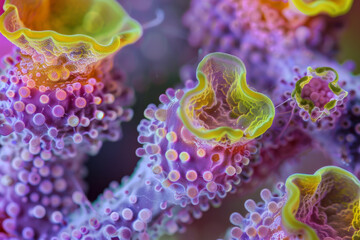 Wall Mural - A close up of a purple and yellow flower with a fuzzy texture