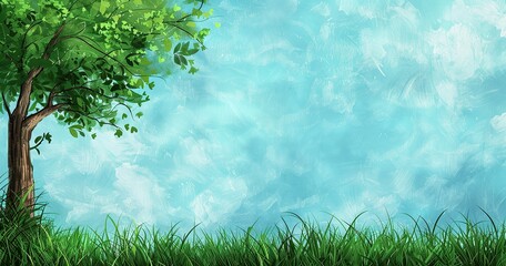 Wall Mural - create a picture with dark green stiff gras at the very very bottom, only SOME green leafs of a tree on the side and only a bit of blue sky at the top 