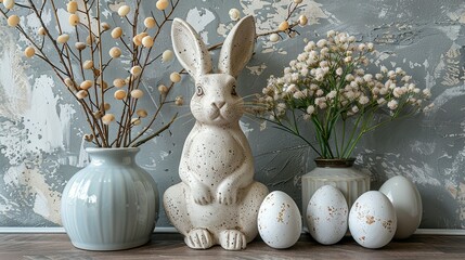 Minimalist composition of easter living room interior with copy space, easter bunny sculpture, easter eggs, vase with dried flowers, wall with stucco and personal accessories. Home decor