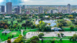 Chicago skyline aerial drone view from above, city of Chicago downtown skyscrapers cityscape bird's view from park, Illinois, USA
