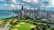 Chicago skyline aerial drone view from above, city of Chicago downtown skyscrapers cityscape bird's view from park, Illinois, USA
