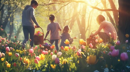 Wall Mural - A woman and two children are happily picking Easter eggs in a field of flowers, surrounded by grass and a beautiful natural landscape AIG42E