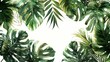 White frame on a background of tropical green leaves with space for text, invitation or banner.