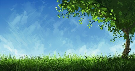 Wall Mural - create a picture with dark green stiff gras at the very very bottom, only SOME green leafs of a tree on the side and only a bit of blue sky at the top 