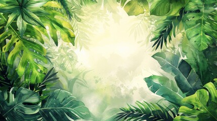 Canvas Print - White frame on a background of tropical green leaves with space for text, invitation or banner.